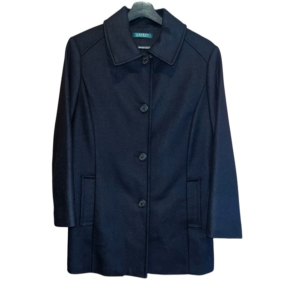 Lauren Ralph Lauren Pea Coat Wool Cashmere Blend Womens 12 Black Classic Pockets - Picture 1 of 11